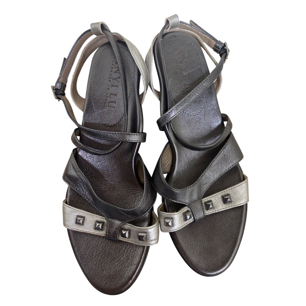 Anyi Lu Wedge Sandals 37.5 Metallic Silver Studded Strappy Italian Leather 7-7.5